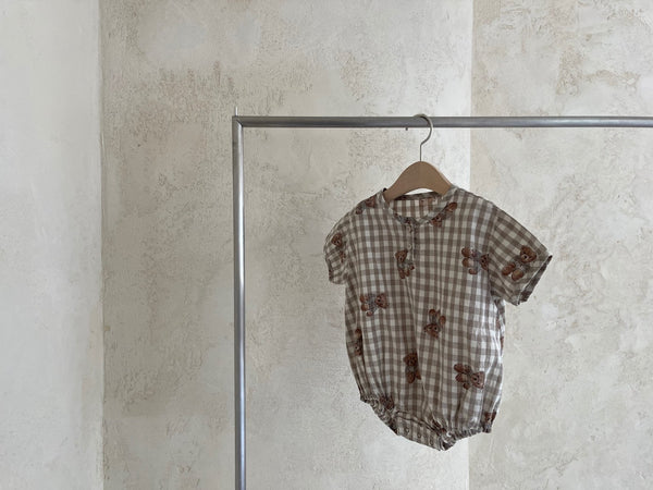 Teddy Bear Gingham Shortsleeves Romper