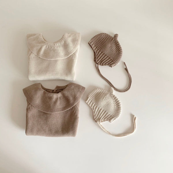 Bertha Collar Knit Romper and Bonnet Set