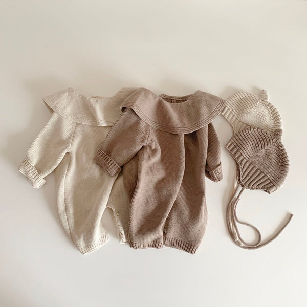 Bertha Collar Knit Romper and Bonnet Set
