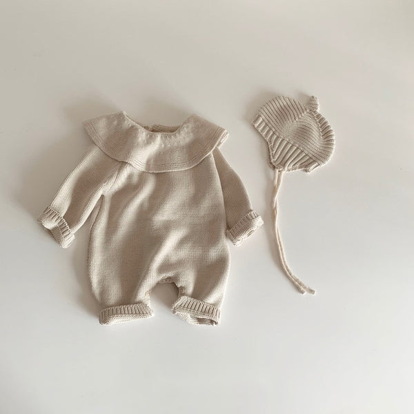 Bertha Collar Knit Romper and Bonnet Set
