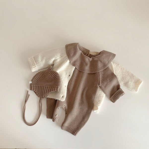 Bertha Collar Knit Romper and Bonnet Set