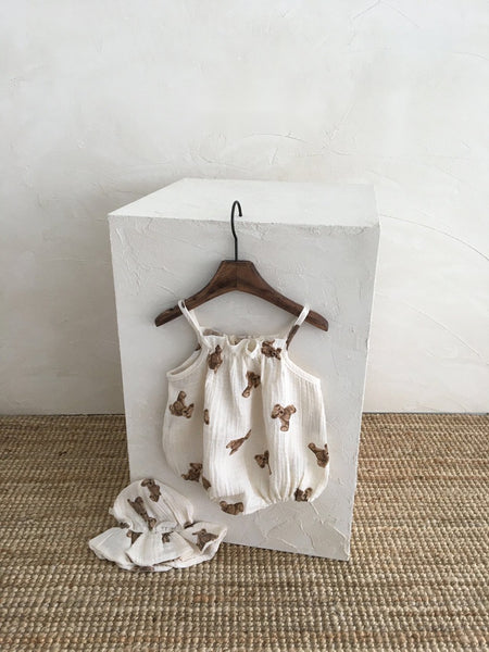 Teddy Bear Gauze Sleeveless Romper