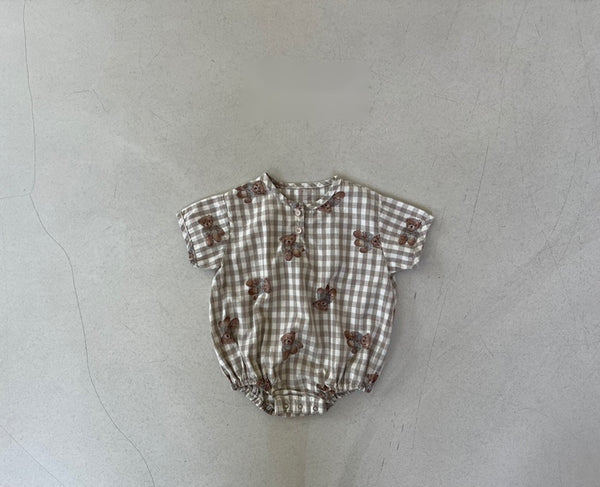 Teddy Bear Gingham Shortsleeves Romper