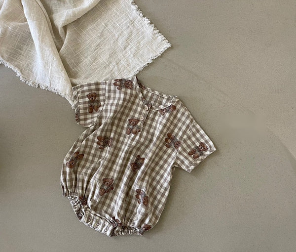 Teddy Bear Gingham Shortsleeves Romper