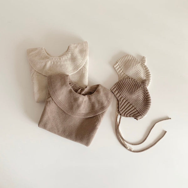 Bertha Collar Knit Romper and Bonnet Set