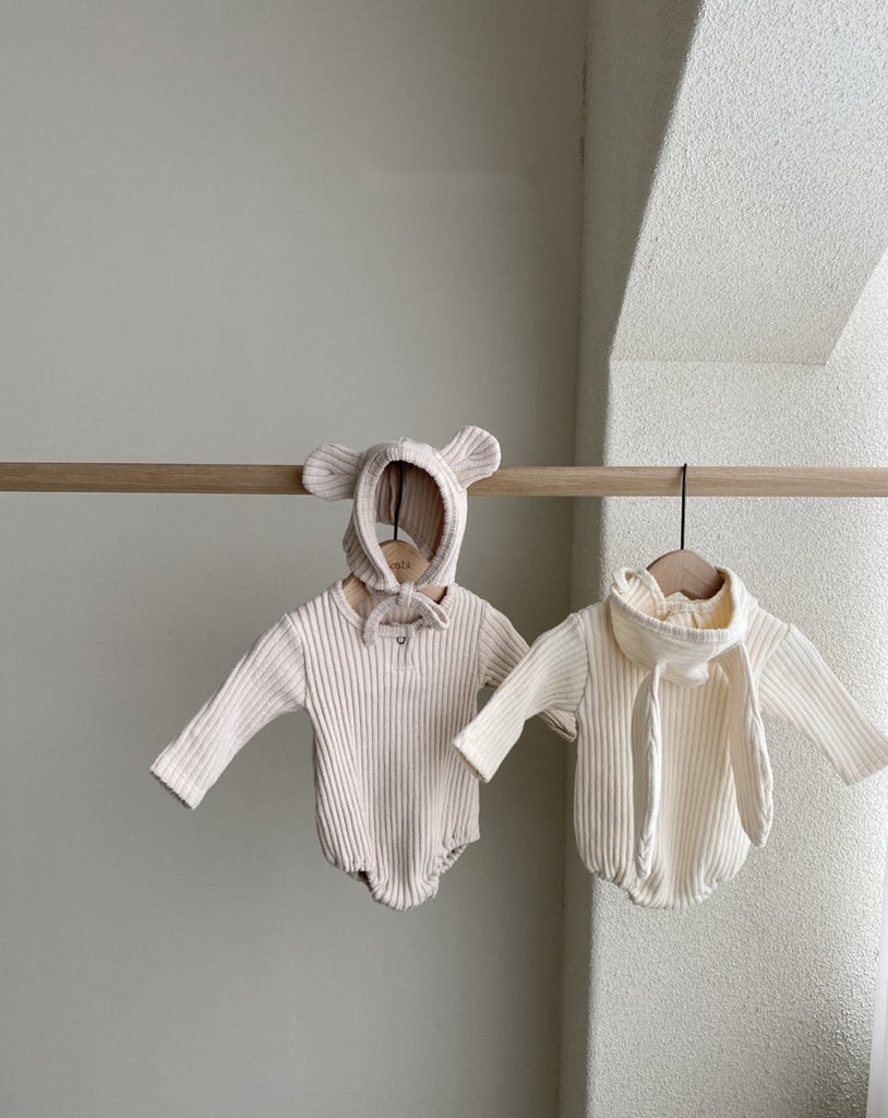 Thick Ribbed Bodysuit with Bear Bonnet (Set)